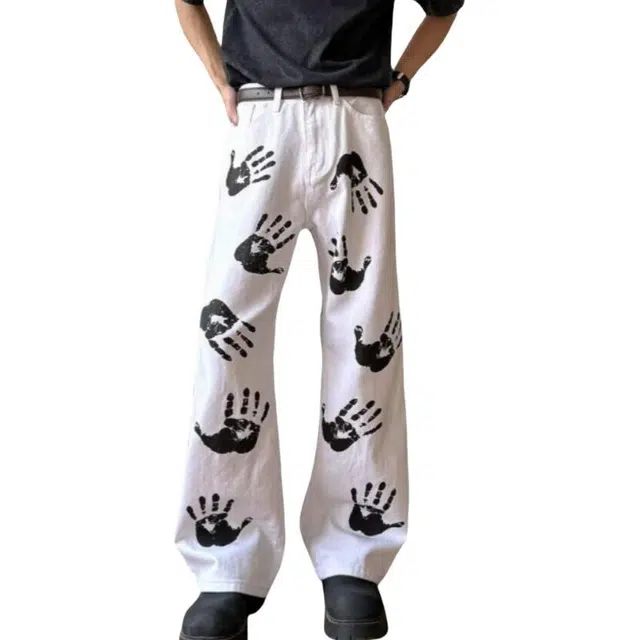冈哉 美式复古高街原色印花满印手掌百搭潮牌阔腿拖地舒适透气直筒宽松通勤休闲牛仔裤 男女同款