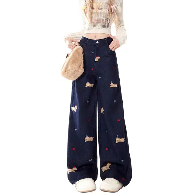 桴生 美式小狗印花直筒春秋时尚百搭高腰通勤垂感拖地裤 牛仔裤 女款