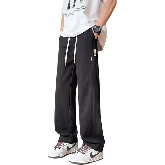 协协乐 高街秋冬季卫裤宽松垂感阔腿直筒夏季重磅华夫格运动百搭长裤休闲裤 男款