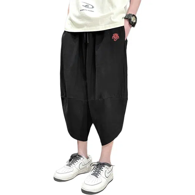 加荣 薄款中国风直筒裤复古刺绣灯笼裤大码哈伦裤七分裤休闲短裤 男女同款