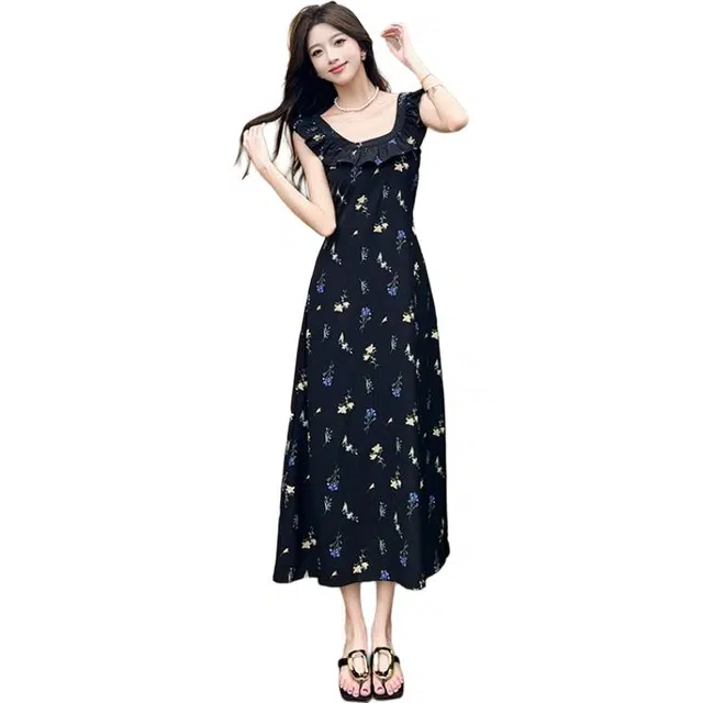 水中花 法式碎花夏季设计感荷叶边系带收腰显瘦长裙短袖连衣裙 女款