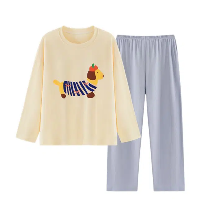 俏韵 圆领腊肠狗春秋季仿棉长袖长裤简约甜美休闲薄款家居服可外穿睡衣套装 女款