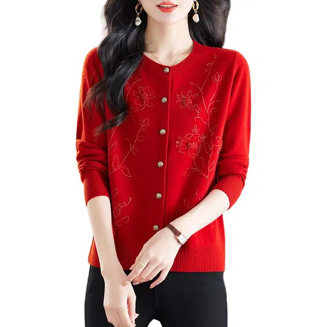 恒源祥 优雅气质简约纯色圆领提花开衫羊毛针织衫 女款