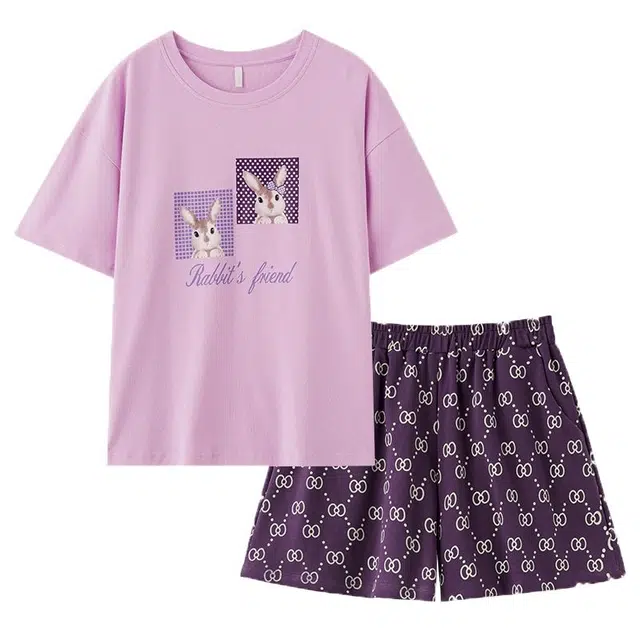 俏韵 圆领夏季天甜美印花短袖短裤休闲舒适薄款家居服可外穿睡衣套装 女款