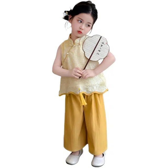 天才小熊汉服套装 女童夏季大童运动小孩衣服 小女孩 青少年花边复古中国风洋气时髦 漂亮 甜美