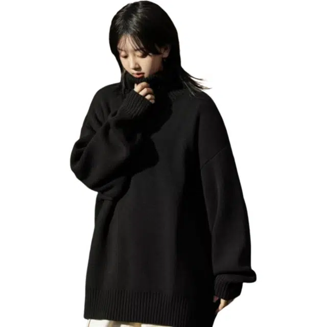 半空山 日系复古宽松慵懒风黑白纯色简约时尚百搭情侣高领打底针织衫 男女同款