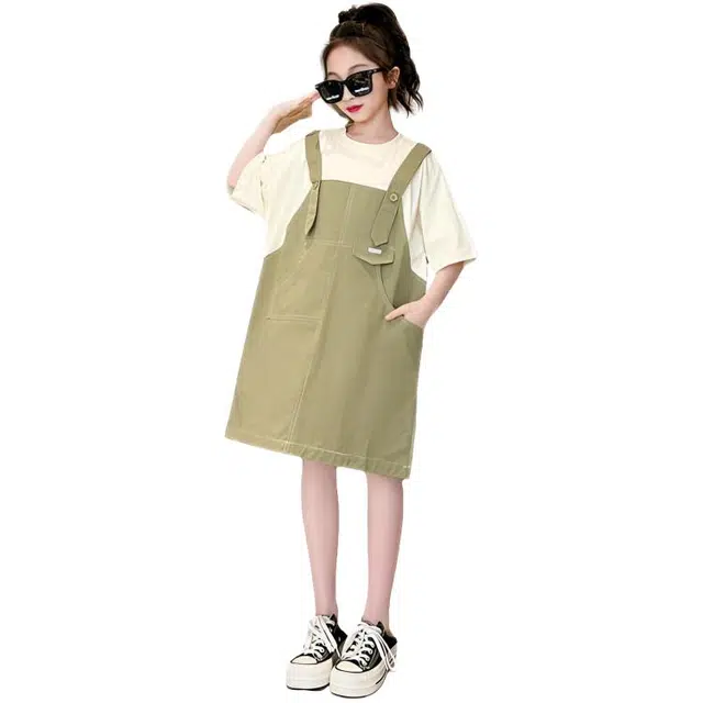 天才小熊连衣裙 女童夏季大童潮牌小孩 小女孩甜美风公主裙假两件背带裙 洋气时髦 漂亮 