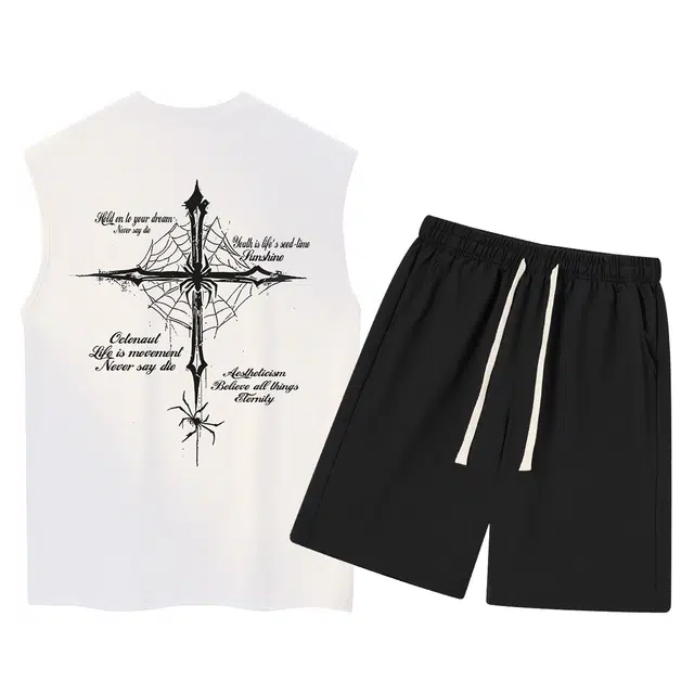 海底小纵队 美式高街简约基础蜘蛛网十字架艺术字母印花多场景适用穿搭纯棉坎肩背心抽绳系带直筒短裤透气舒适休闲运动套装 男女同款
