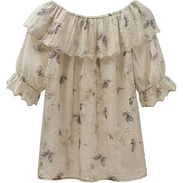 丝柏舍 撞色蝴蝶图案宽松款短款荷叶边拼接圆领气质短袖衬衫 女款