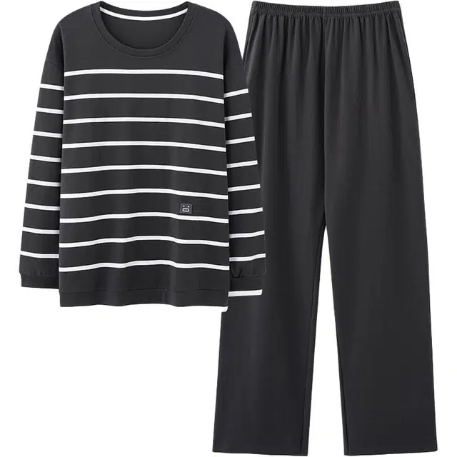 俏佳人 纯棉圆领套头条纹休闲宽松柔软舒适可外穿长袖长裤家居服睡衣套装 男款