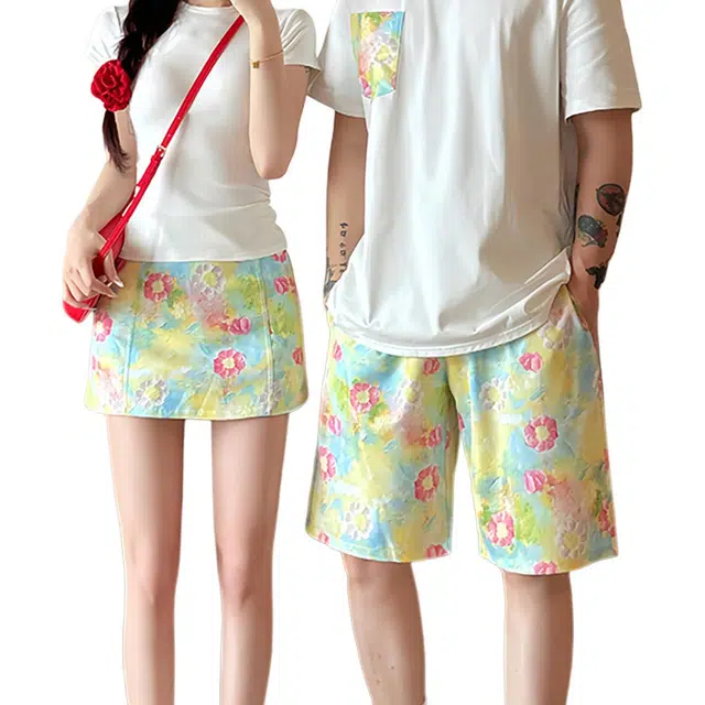 敲模女孩 法式海边度假风碎花设计感上衣高腰短裙休闲沙滩短裤情侣套装
