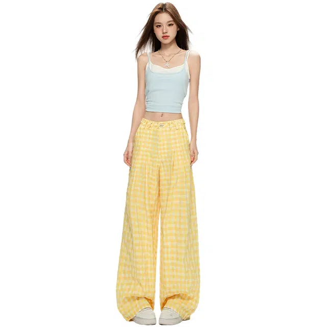 玫丝朵 韩系慵懒风格子裤夏季薄款高腰显瘦阔腿休闲裤 女款