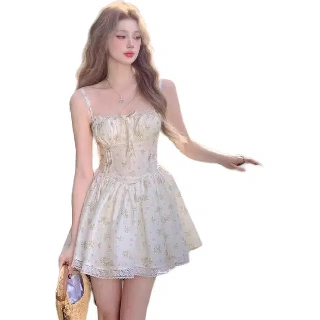 囍鱼少女 法式显白复古碎花甜美收腰显瘦风吊带连衣裙 女款