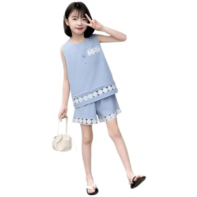 比比我休闲运动套装 女童夏季服装 大童潮牌 小孩衣服 小女孩无袖花边 洋气时髦