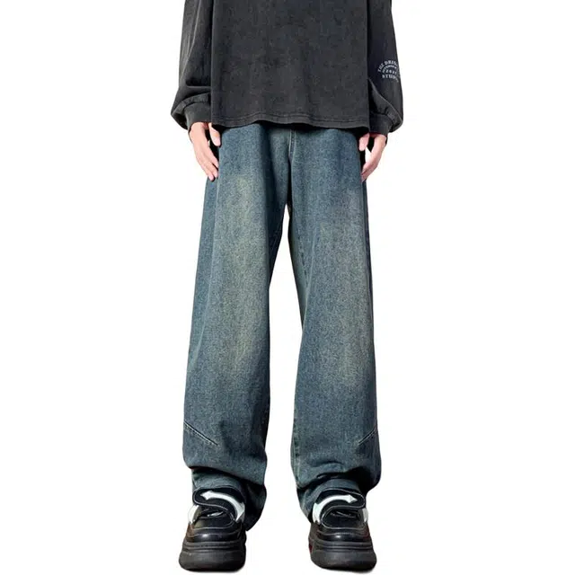 佐菲利 美式潮流复古水洗做旧宽松直筒裤春夏港风拖地牛仔裤 男女同款