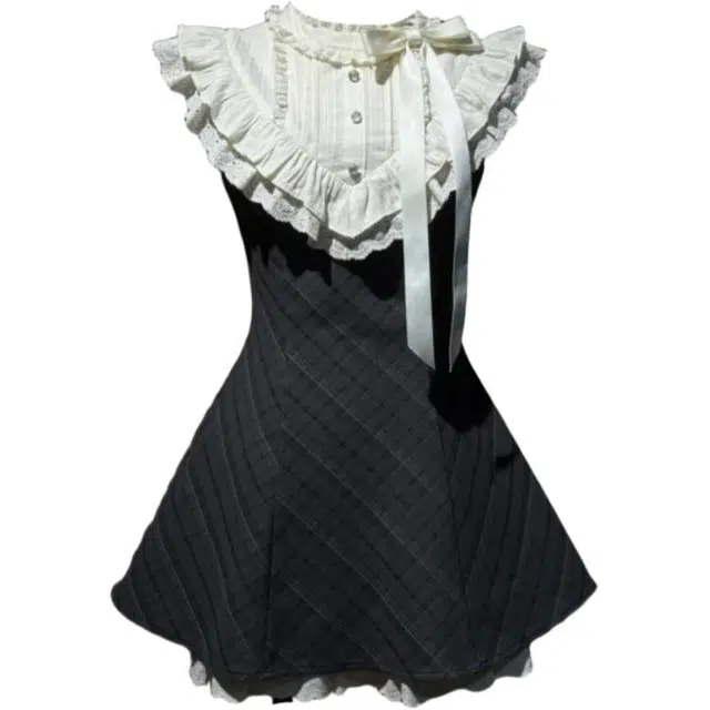 桴生 法式重工刺绣复古格纹甜美温柔风韩系可爱短裙套装女无袖连衣裙 女款