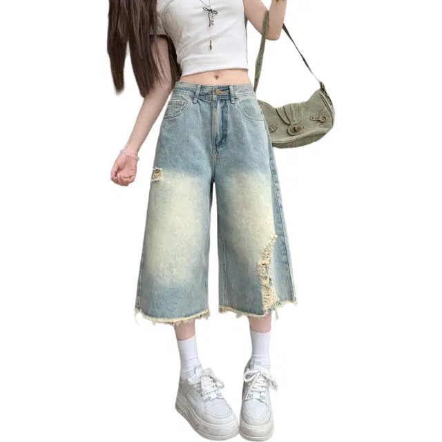 纤丝鸟 高街美式高腰显瘦破洞宽松阔腿透气设计感牛仔裤 女款