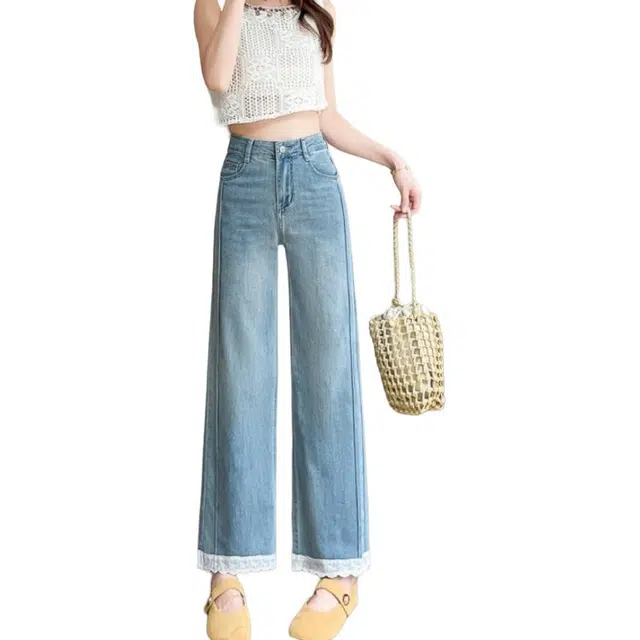 纤丝鸟 复古优雅气质蕾丝拼接高腰显瘦直筒舒适百搭牛仔裤 女款