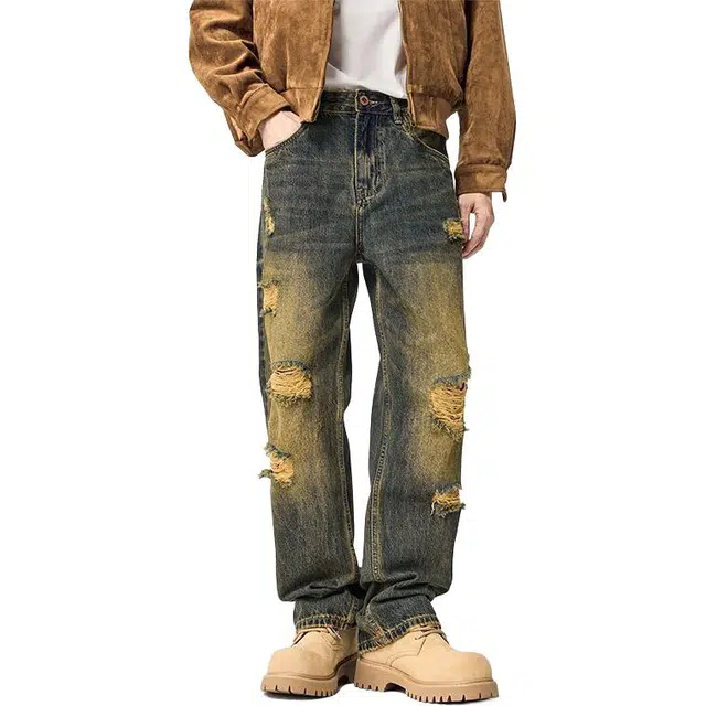 洞洞拐 复古做旧破洞潮牌宽松直筒长裤秋季牛仔裤 男女同款