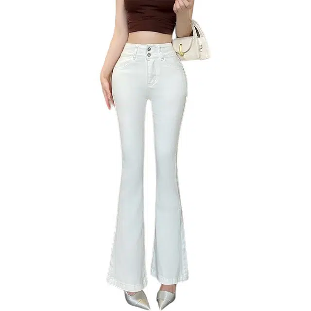 纤丝鸟 简约时尚高腰显瘦微喇透气丰胯修饰腿型垂感舒适牛仔裤 女款