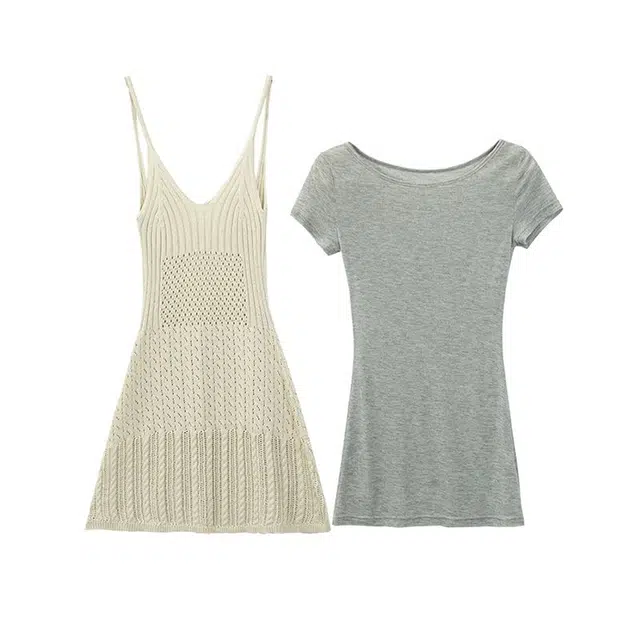 囍鱼少女 度假裙复古小清新上衣镂空吊带连衣裙裙装套装 女款