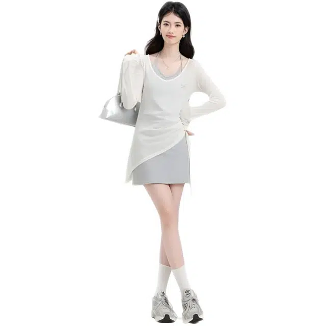 木木兔 潮流时尚百搭挂脖吊带背心连衣裙罩衫两件套裙装套装 女款