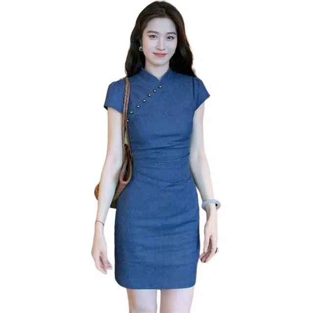 囍鱼少女 新中式洗水牛仔改良旗袍女夏季收腰显瘦气质短裙子连衣裙 女款