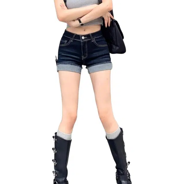 纤丝鸟 美式潮流休闲高腰显瘦卷边设计感辣妹风透气舒适牛仔短裤 女款