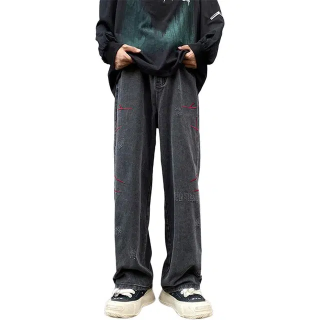 佐菲利 美式复古休闲高街潮牌百搭潮流水洗直筒牛仔裤 男女同款