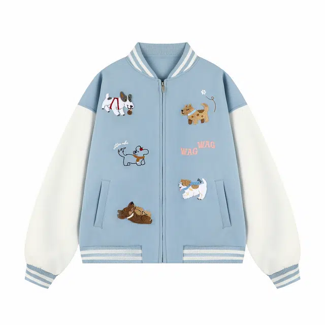 港仔文艺男 趣味卡通小狗毛巾绣美式复古撞色拼接多巴胺慵懒风棒球服上衣学院风休闲百搭宽松夹克 女款