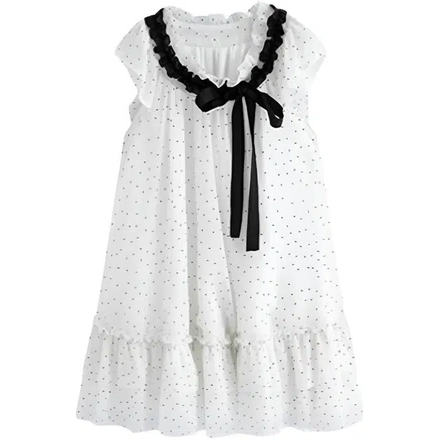 囍鱼少女 波点木耳花边拼接抽褶短袖连衣裙 女款