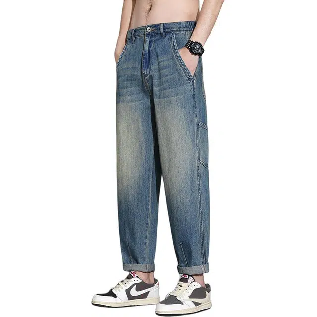 协协乐 美式高街做旧水洗复古春秋季萝卜裤宽松直筒阔腿百搭休闲运动九分裤牛仔裤 男款