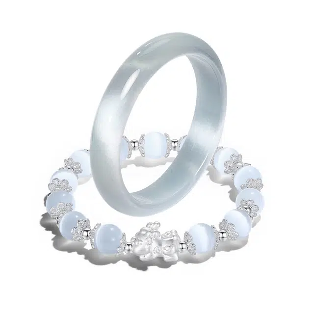 岁月静好 新中式国风平安冰蓝精致温婉典雅高级感本命年简约大气纳福清冷感告白叮当#好运 玻璃猫眼 手镯 男女同款情侣款