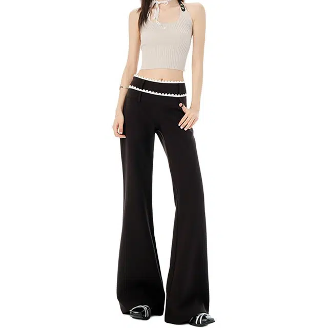 如续 夏季薄款高腰蕾丝设计感微弹微喇叭女舒适简约时尚修身休闲裤 女款