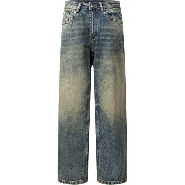 希越 男女日系街头复古简约休闲长裤猫须做旧马骝脏脏阔腿牛仔裤 男款