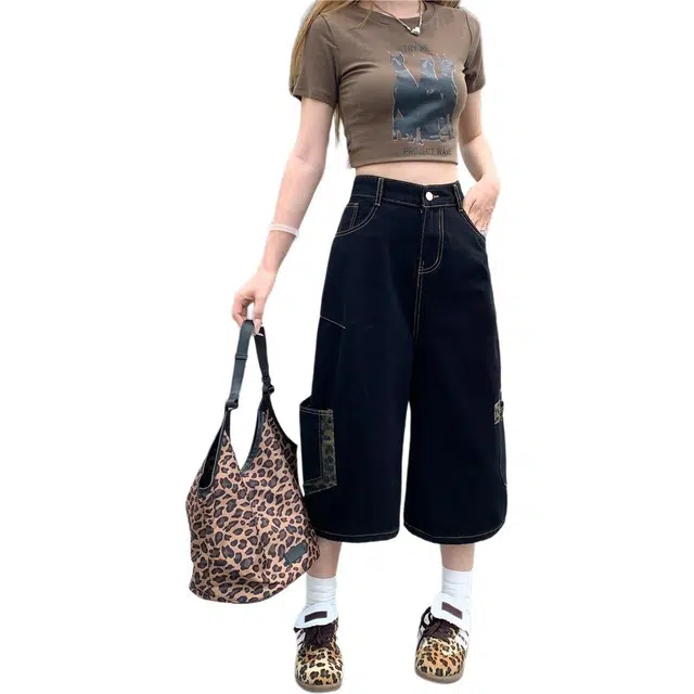 纤丝鸟 高腰显瘦宽松百搭拽酷美式复古时尚工装耐磨牛仔短裤 女款