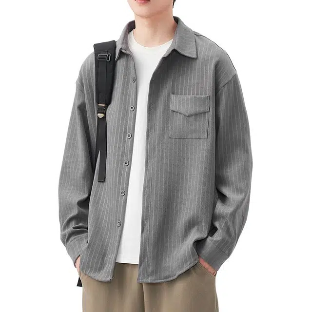 隐狼世家 高级感翻领宽松条纹长袖衬衫 男款