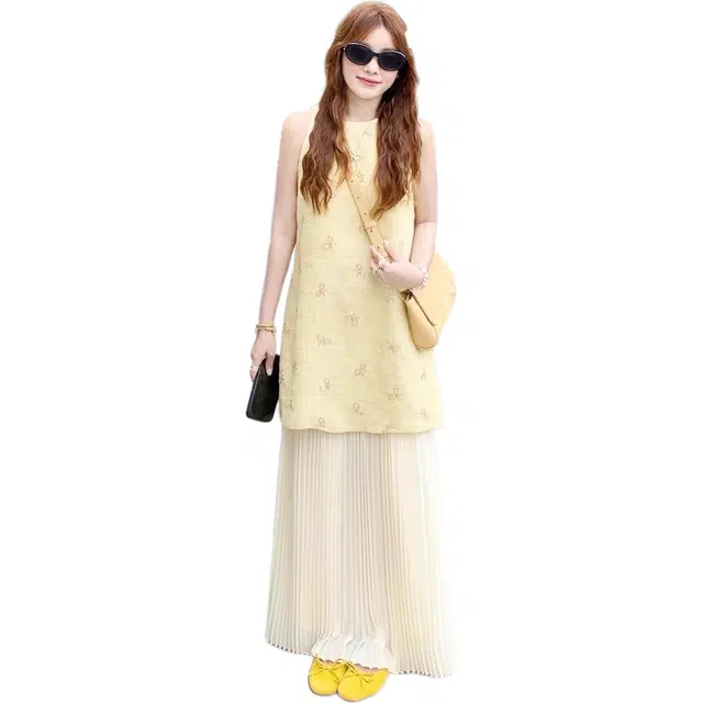 囍鱼少女 韩版设计感蝴蝶结印花无袖背心显瘦百褶半身长裙裙装套装 女款