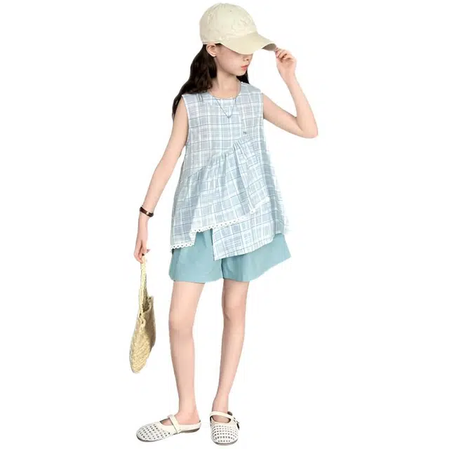 比比我休闲运动套装 女童夏季服装 大童潮牌 小女孩无袖不规则上衣短裤