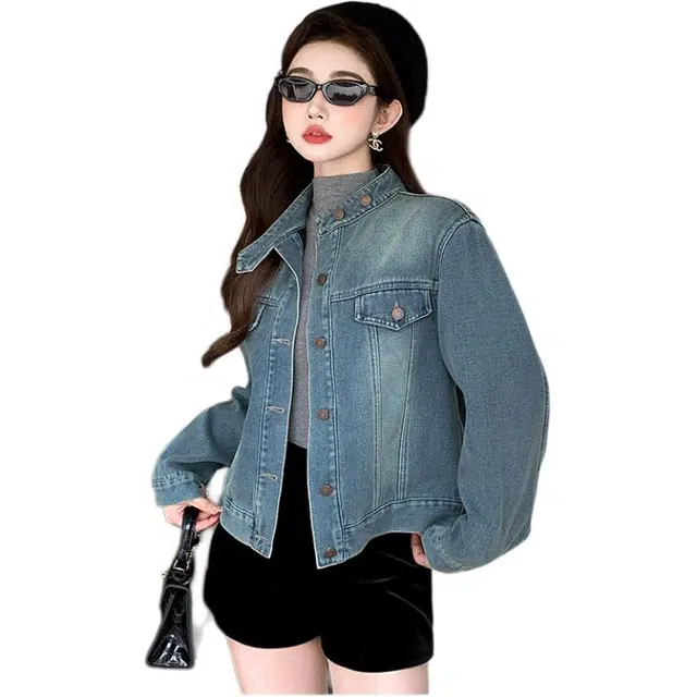 敲模女孩 韩系学院风复古穿搭水洗做旧宽松休闲夹克牛仔外套 女款