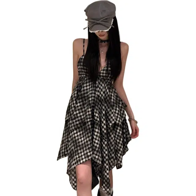 苏九儿 辣妹复古不规则双层格叠穿吊带连衣裙 女款