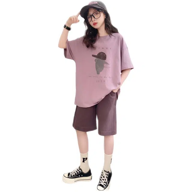 比比我休闲运动套装 女童夏季服装 大童潮牌 小孩衣服 小女孩无袖卡通人短裤套