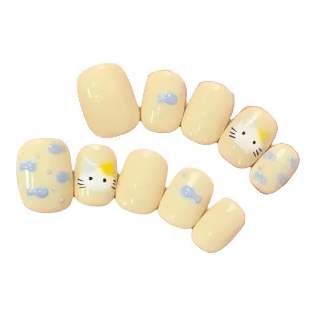 计轩 短款卡通手绘三花猫温柔显白可爱纯手工穿戴甲  短梯黄色跳色 可爱