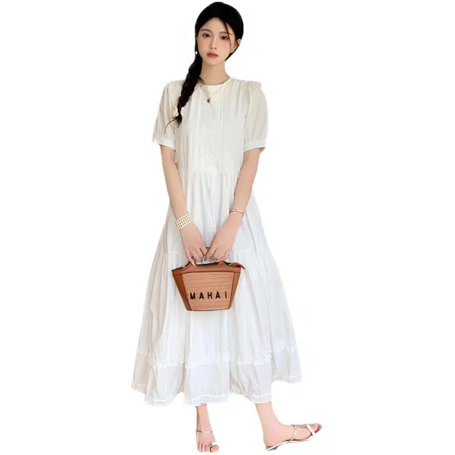 木木兔 潮流时尚重工甜美风小飞袖女学生法式镂空蕾丝中长款仙女裙短袖连衣裙 女款