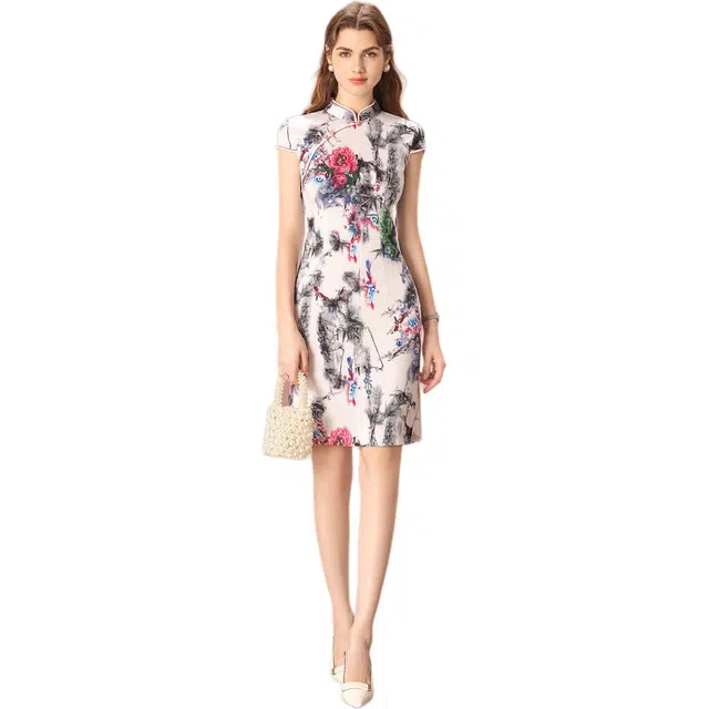 粉红玛琍 国风古典印花立领常规修身新中式旗袍高腰短袖连衣裙 女款