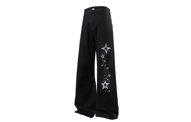 宜而爽 美式高街复古潮流时尚简约手绘星星水洗做旧废土风高级感窄版纯色中腰修身显高阔腿垂感微喇牛仔裤 男女同款