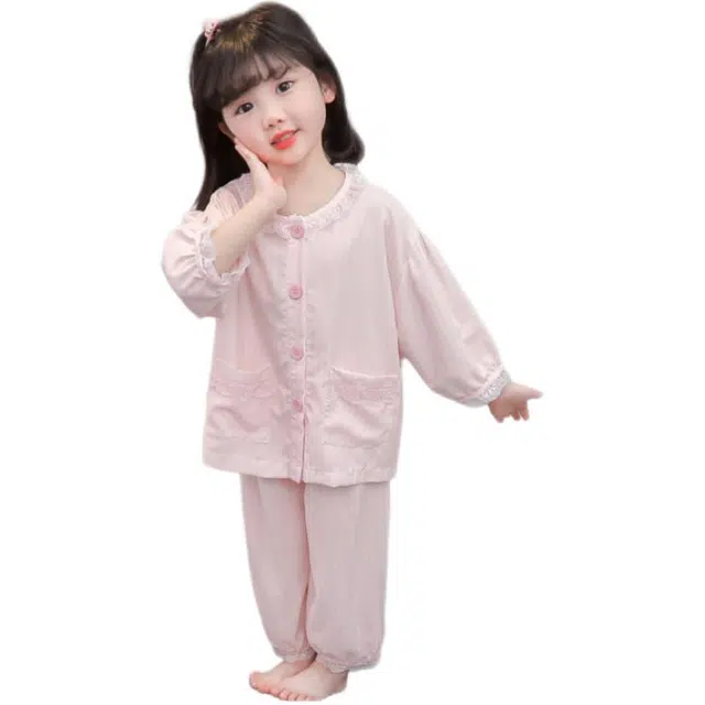 天才小熊家居服套装 女童夏季花边领开衫睡衣大童休闲小孩衣服 小女孩居家外穿 洋气时髦 漂亮 甜美