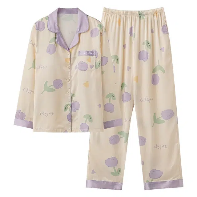 俏韵 翻领春秋季冰雪丝简约长袖长裤甜美休闲舒适薄款家居服可外穿睡衣套装 女款