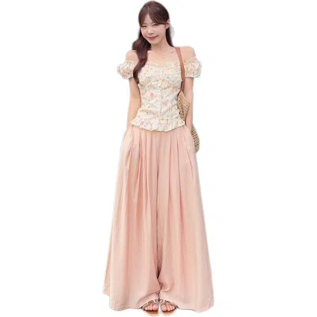 囍鱼少女 甜美风刺绣碎花短袖衬衫女夏季高腰显瘦阔腿裤两件套套装 女款