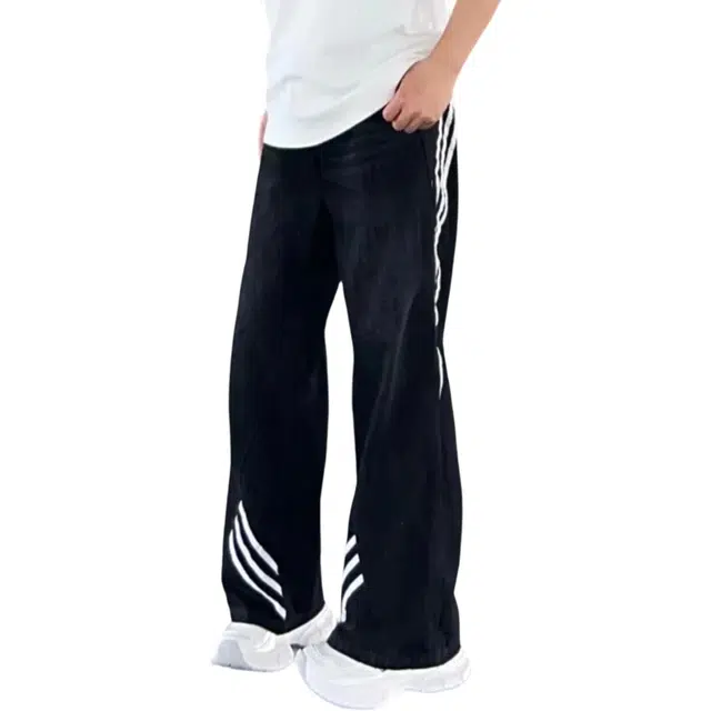 冈哉 撞色条纹织带拼接水洗做旧设计美式复古纯色基础简约款宽松直筒垂坠感休闲裤 男女同款